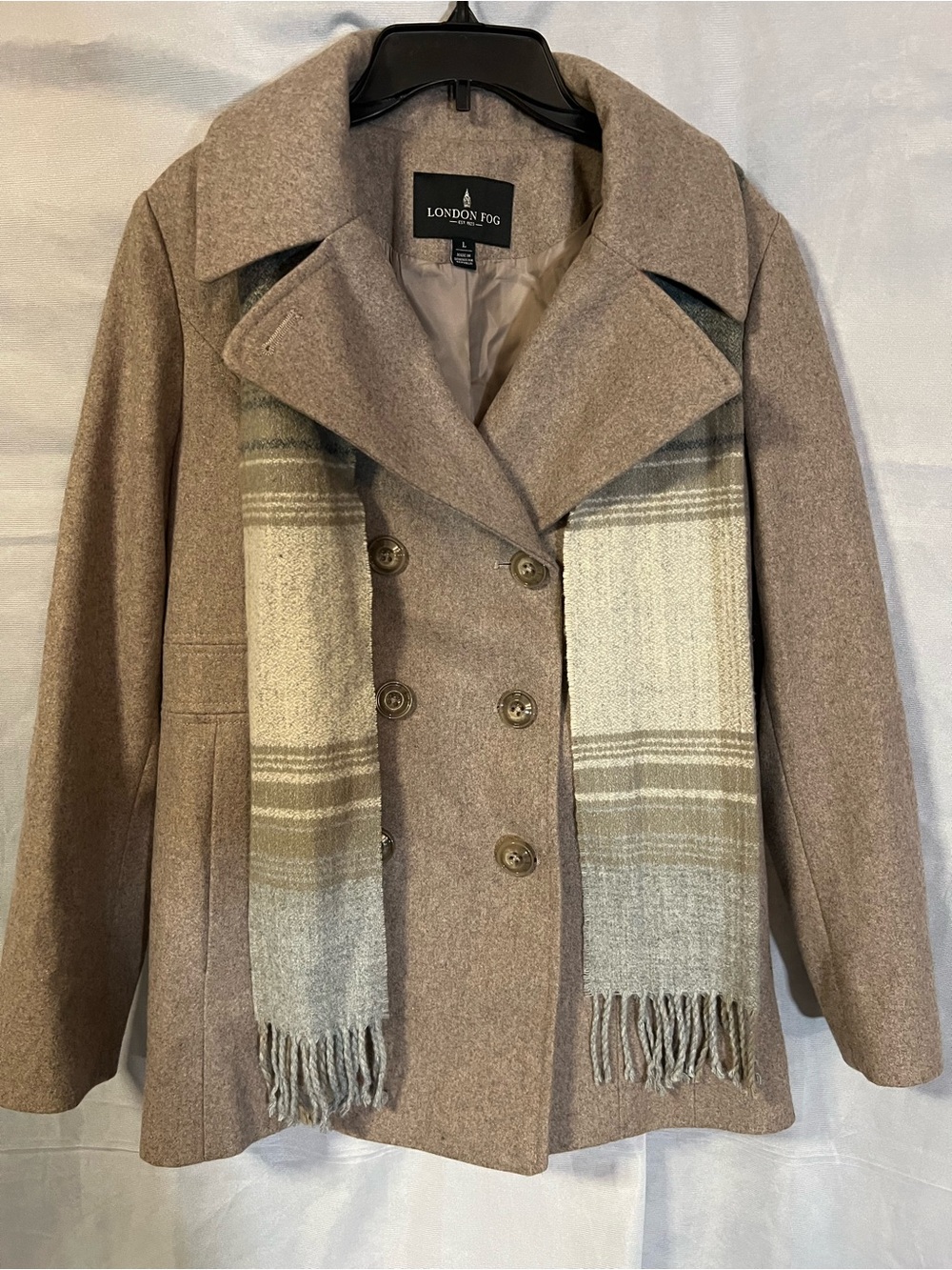 London Fog Women's Tan Wool-Blend Double-Breasted Peacoat with Plaid Scarf